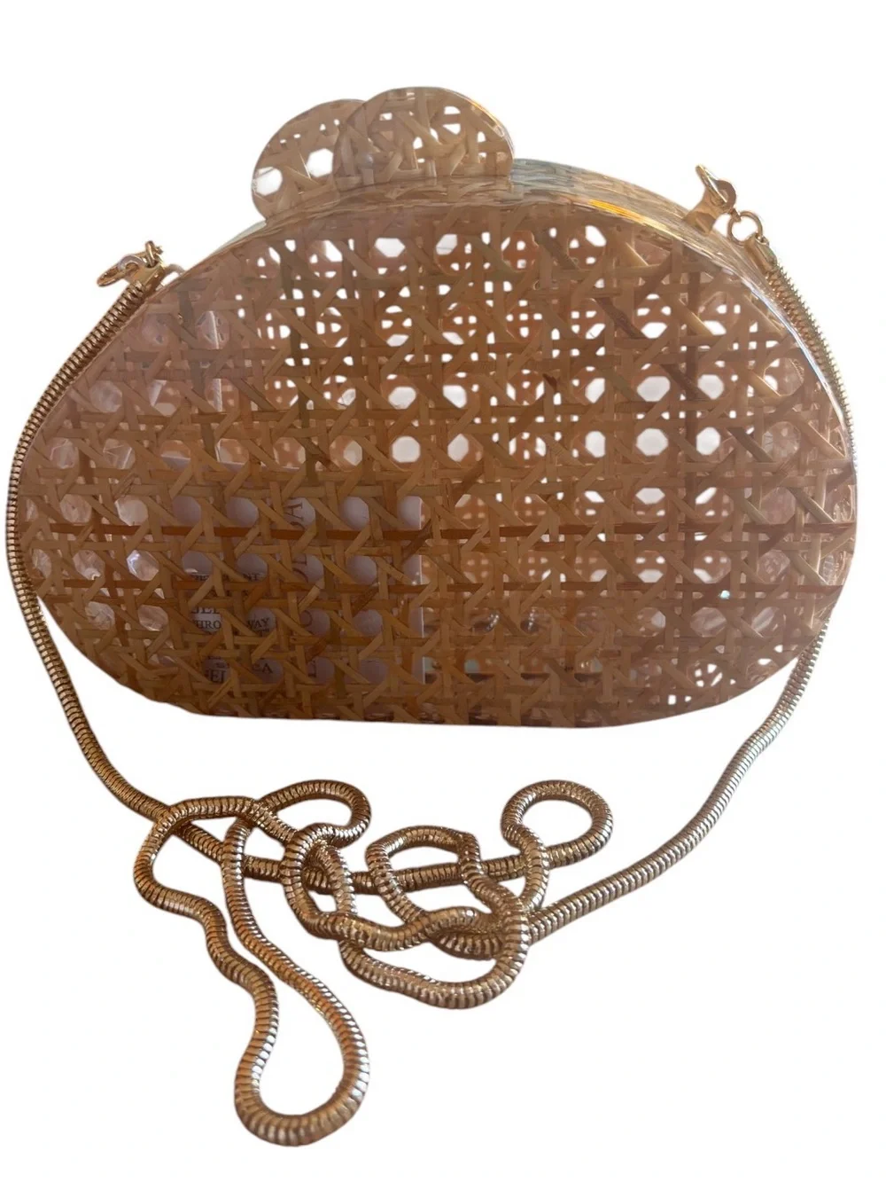 Lago De Sac Woven Rattan Acrylic Clutch Bag Gold Chain Strap Boho Cottagecore